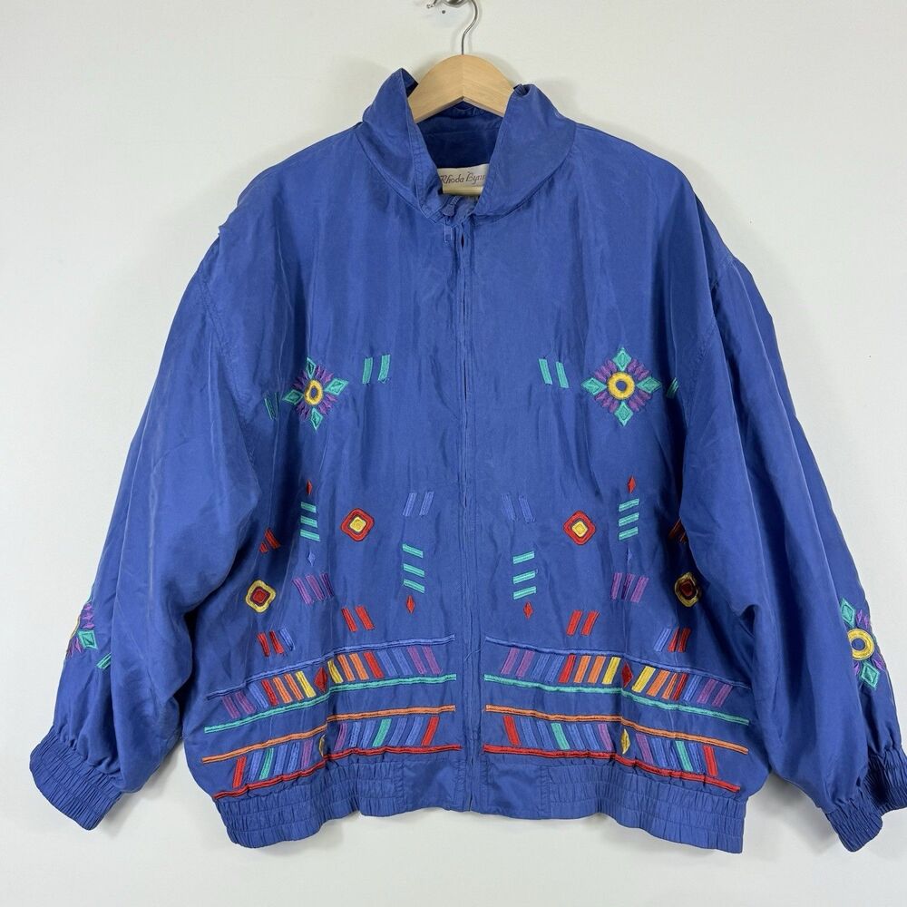 Rhoda Lynne Bomber Jacket Womens XL Blue Vintage 90s Silk Western Cowgirl Boho